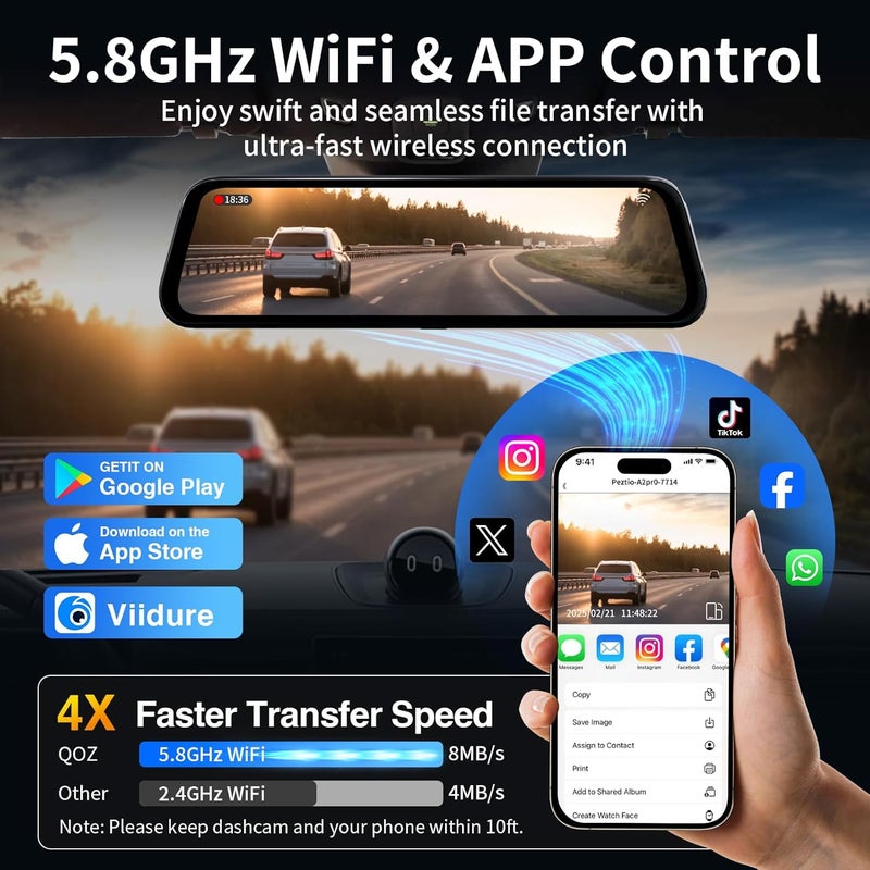 QOZ Mirror Dual Dash Camera with Voice Control,4K+2.5K 10" Rear View Mirror Camera with 5.8GHz WiFi and APP Control, WDR Night Vision, Loop Recording, G-Sensor, Parking Monitor 64GB Card Included - Image 3